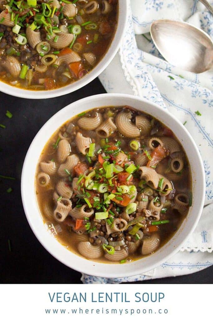 vegan lentil soup with pasta and vegetables
