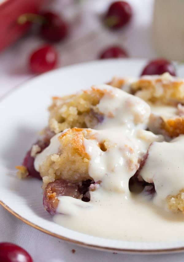 cherry dessert kirschmichel on a plate with sauce