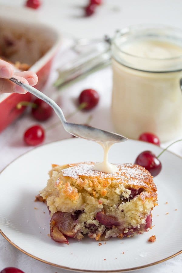 cherry dessert kirschmichel with vanilla sauce