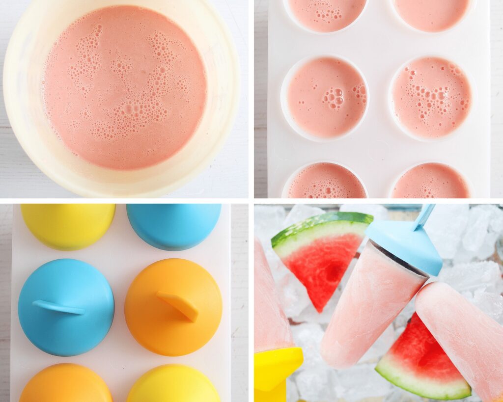 greek yogurt blended with watermelon poured in popsicle molds