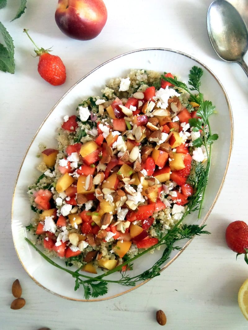 feta quinoa salad with nectarines on top