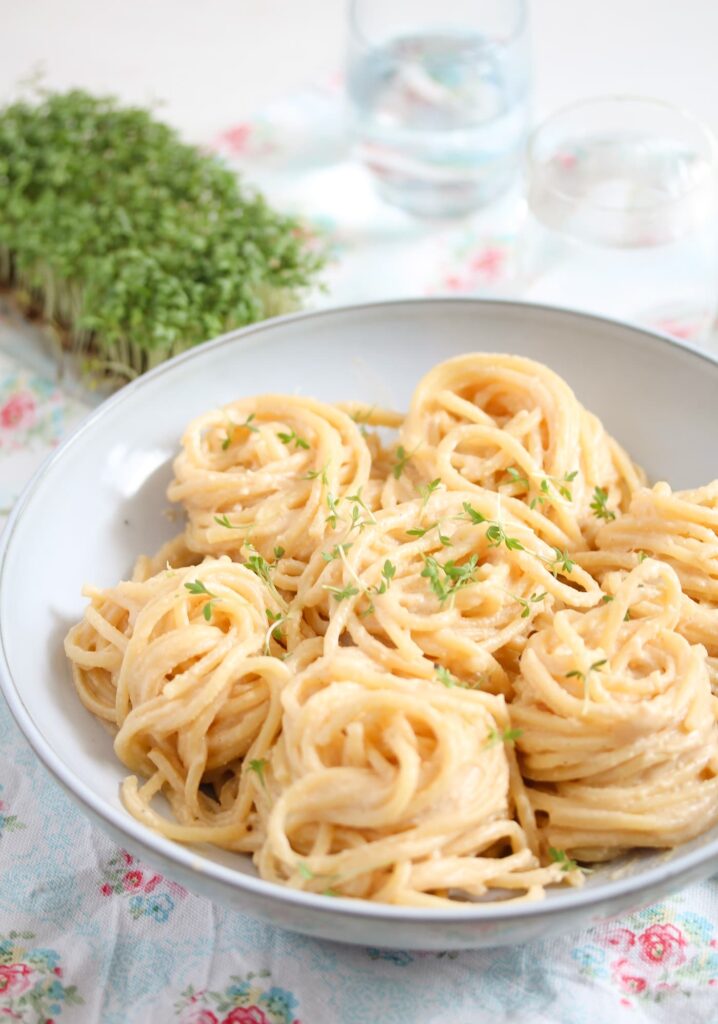 plant-based pasta dish with nutritional yeast