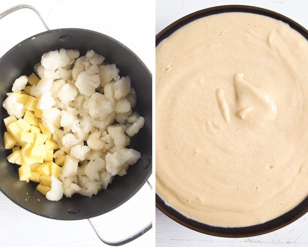 bowl of cauliflower and potatoes and bowl of creamy vegan sauce