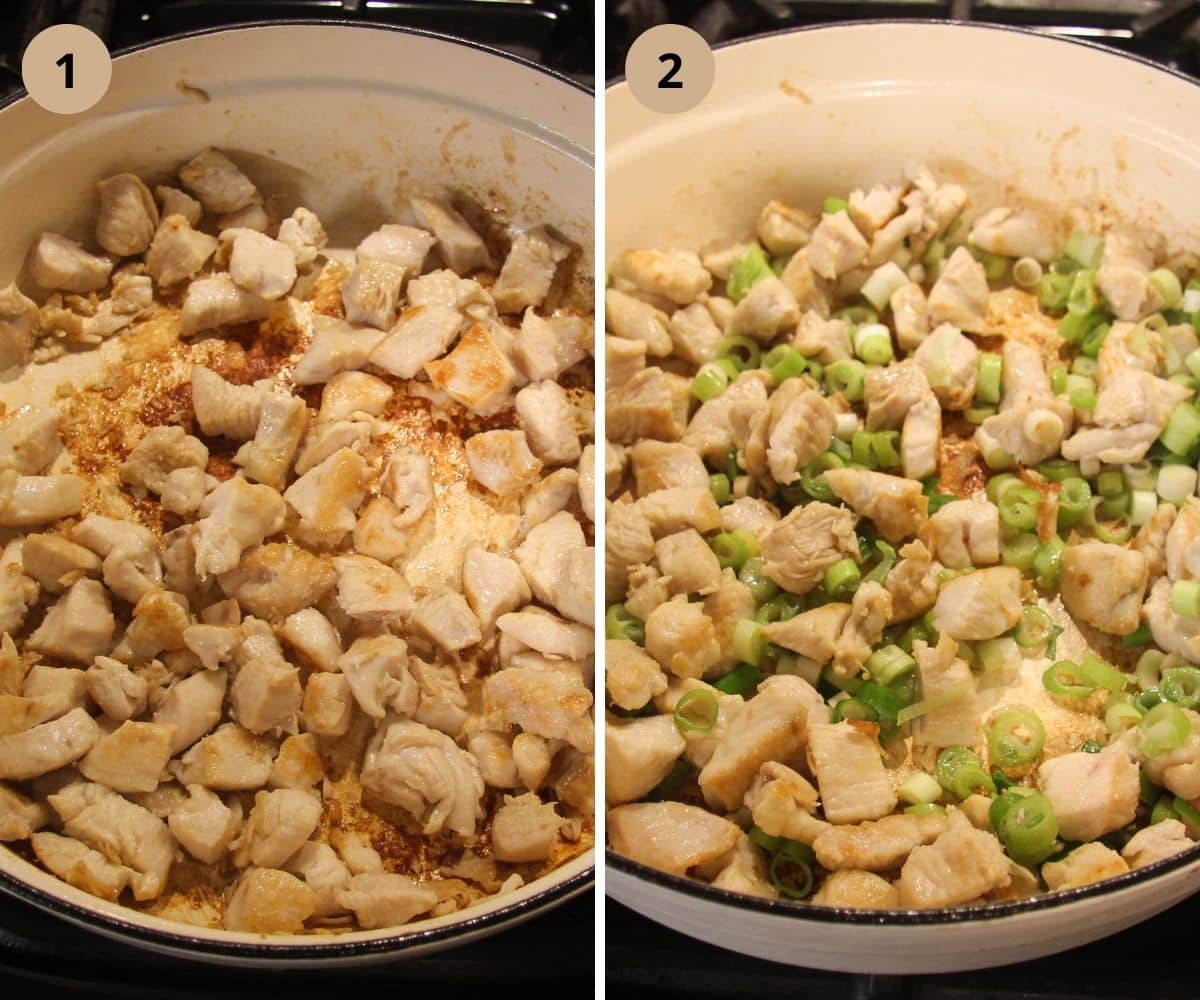 collage of two pictures of frying chicken cubes and scallions in a dutch oven.