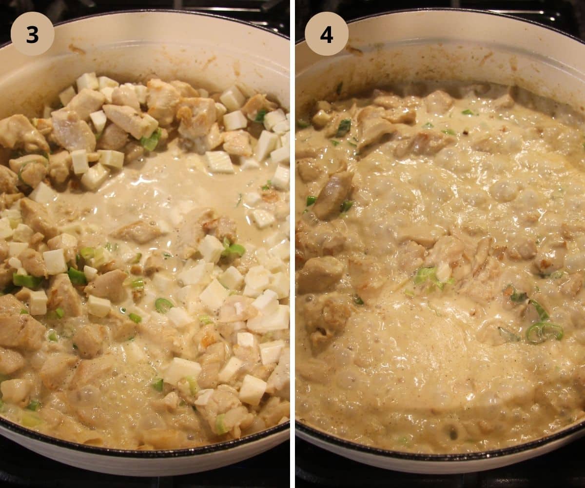 collage of two pictures of adding feta and cream to a pasta dish.