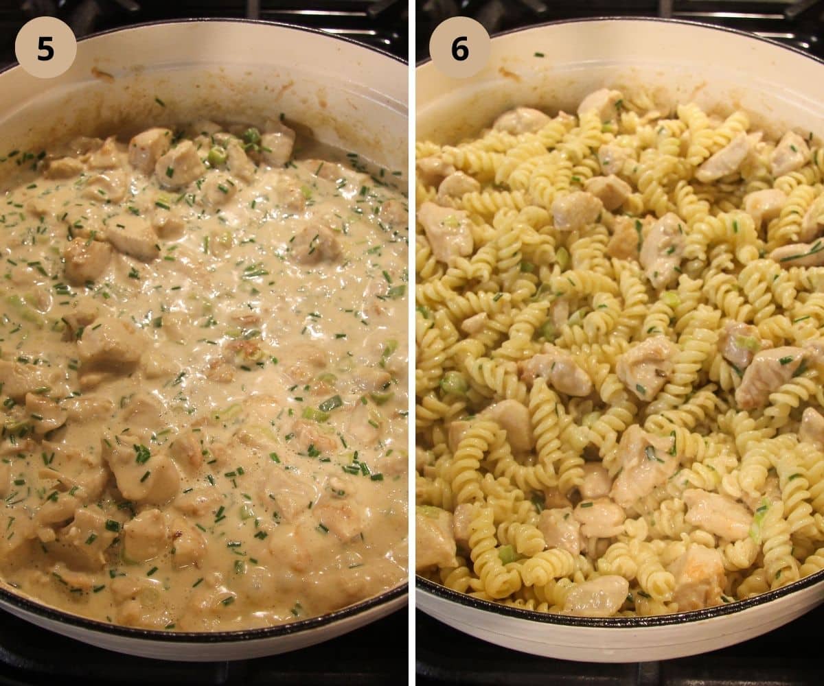 collage of two pictures of combining fusilli with sauce in a pot.