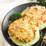 pinterest image for stuffed kohlrabi with bacon and with cheese filling.