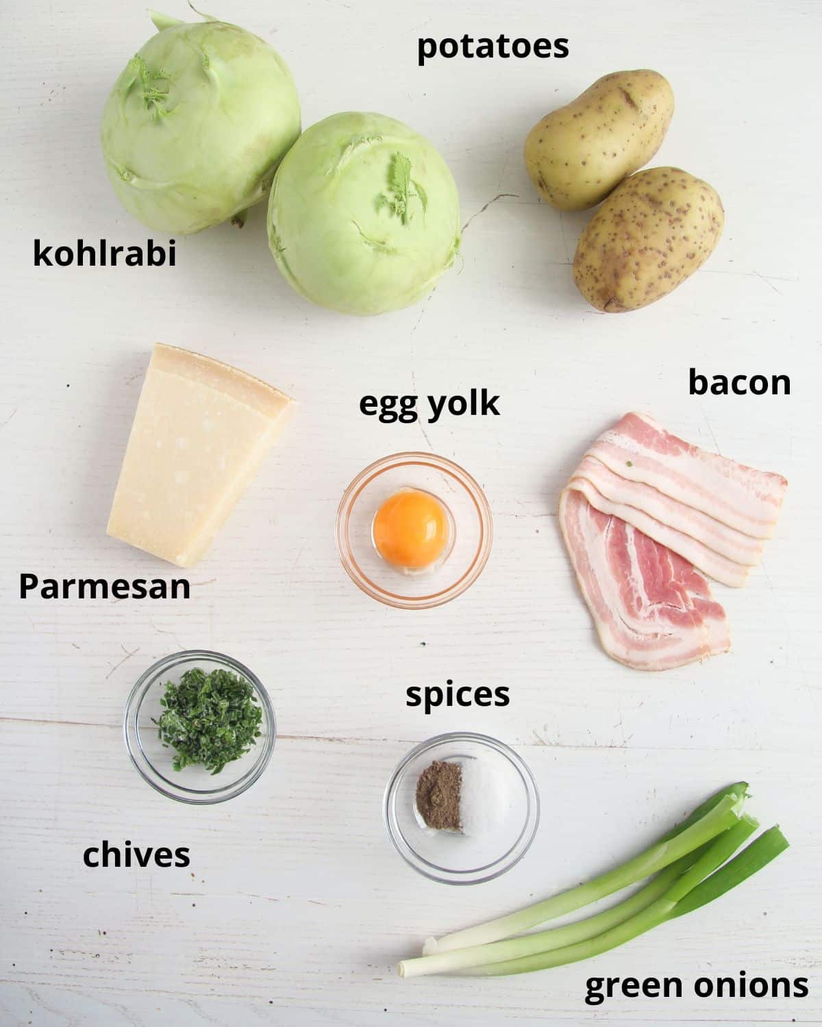 listed ingredients for stuffing kohlrabi with bacon and potatoes. 