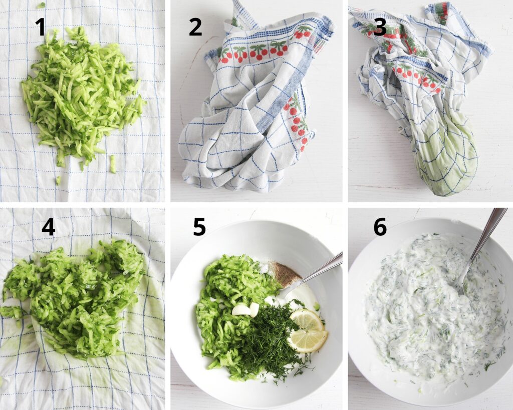 pressing water out of cucumbers and mixing tzatziki ingredients