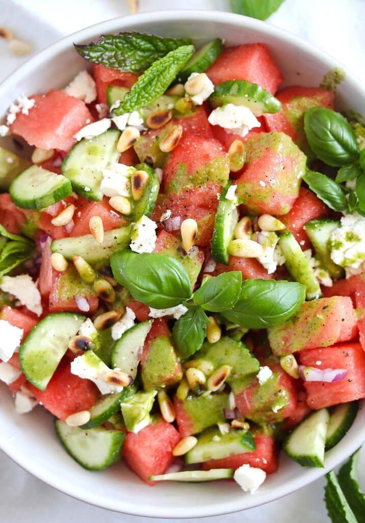 close up watermelon basil feta salad