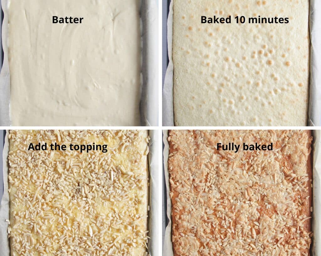 raw batter, semi-baked batter and fully baked on the tray