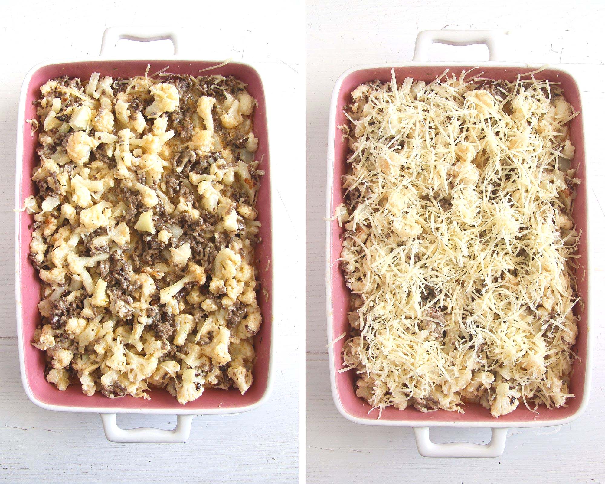 collage of two pictures of uncooked hamburger casserole with cauliflower and cheese