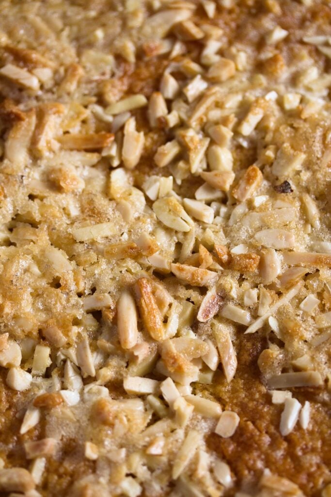 close up blitzkuchen with golden brown sugar almond topping