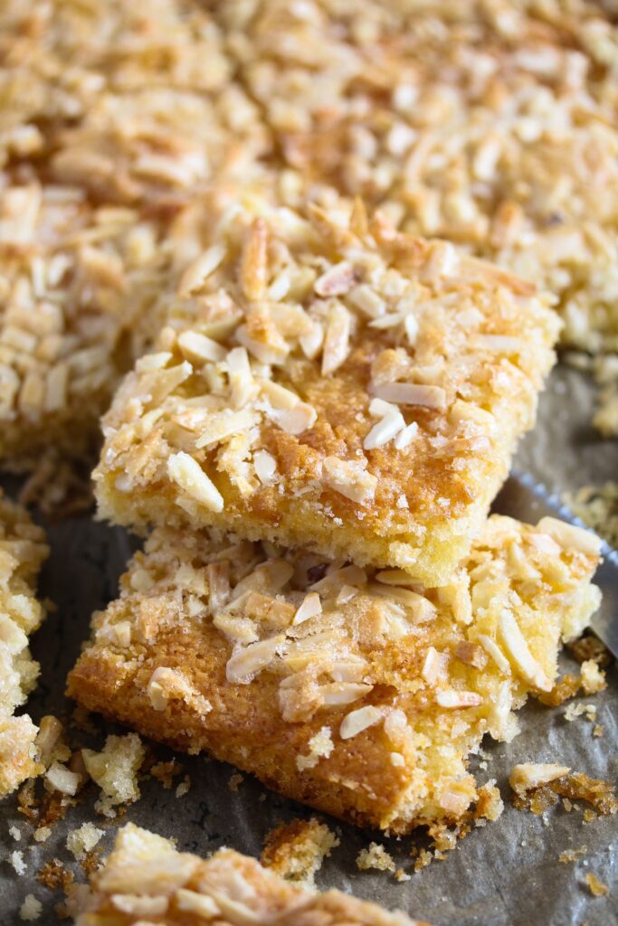 german coffee cake with sugar almond topping on the baking tray
