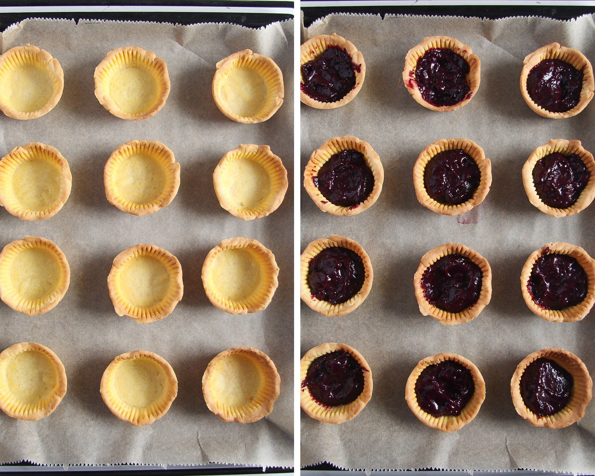 empty tart shells and tart shells filled with blueberry curd