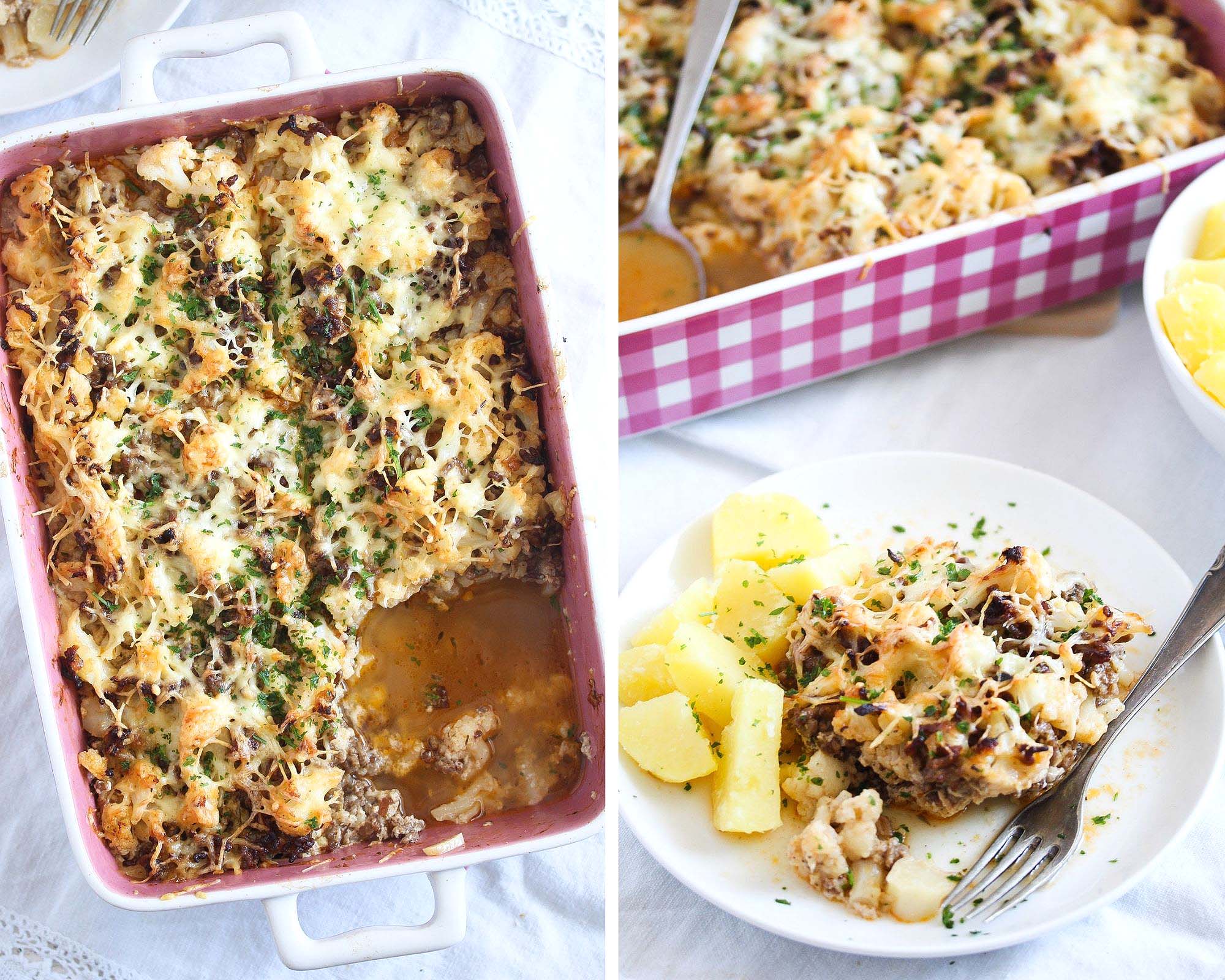 collage of two pictures of hamburger casserole with cauliflower