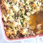 hamburger cauliflower casserole close up in a baking dish.