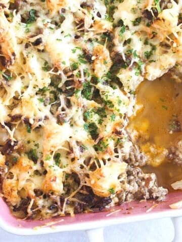 hamburger cauliflower casserole close up in a baking dish