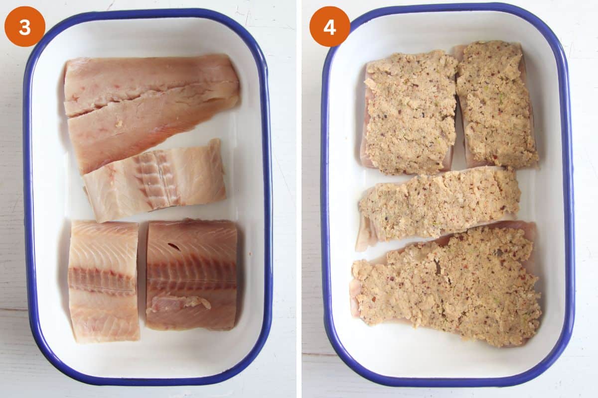 collage of two pictures of raw salmon in a baking dish without and then with breadcrumb crust.