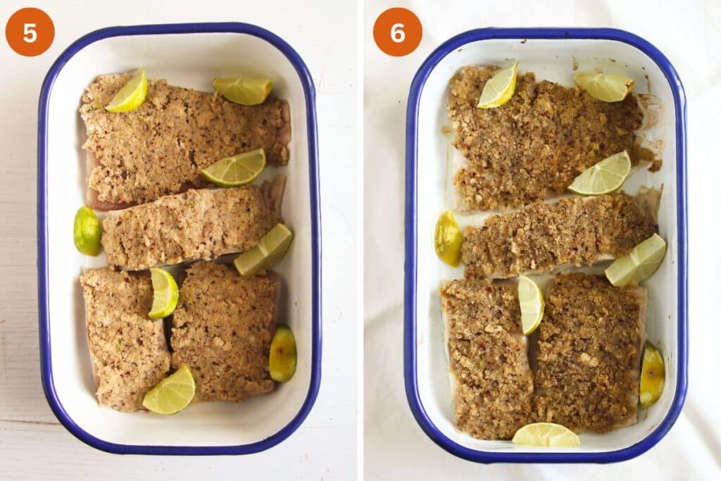 collage of two pictures of breaded salmon in a bakind dish before and after baking.