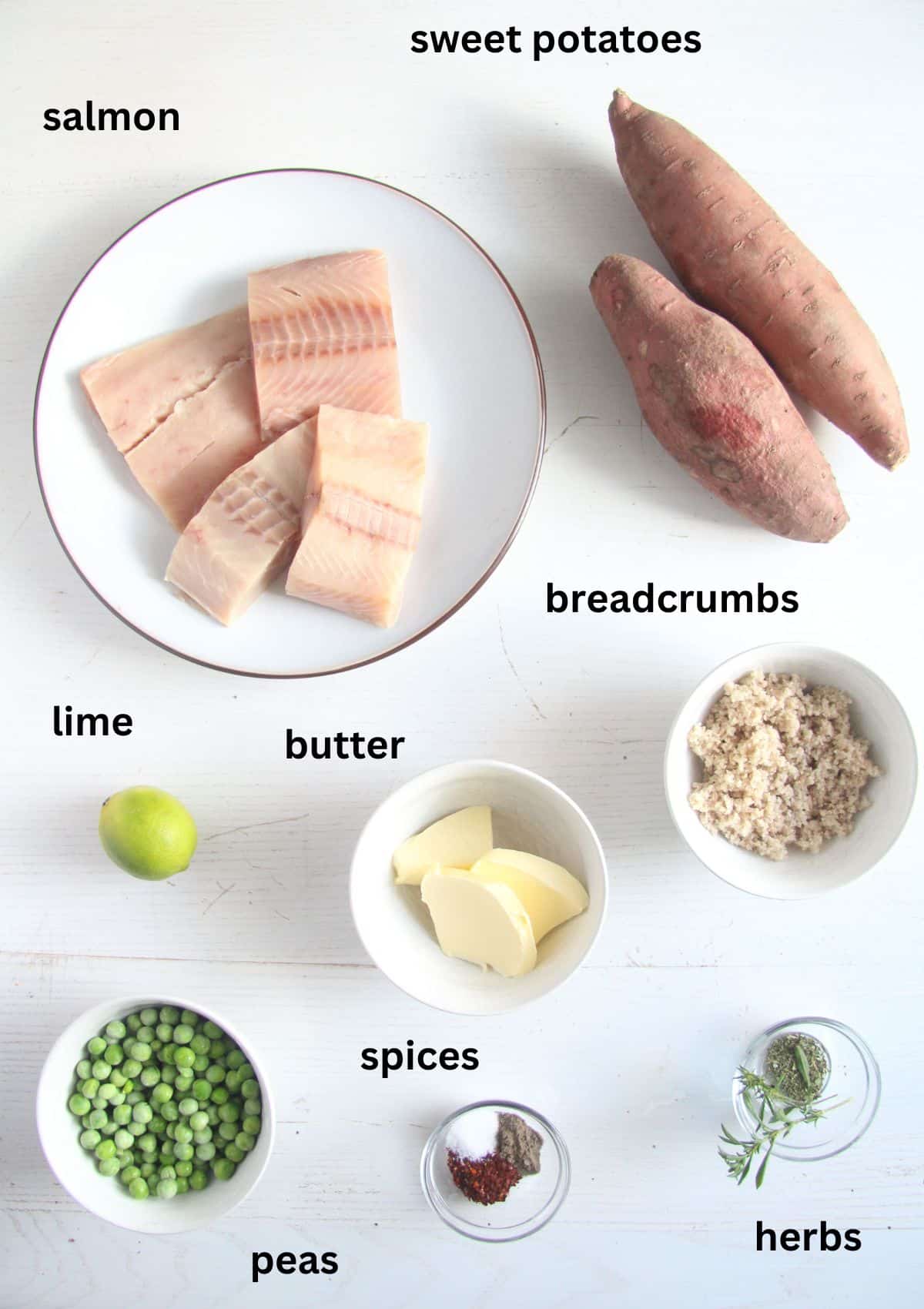 listed ingredients for cooking breaded salmon, sweet potato mashed and minted peas.