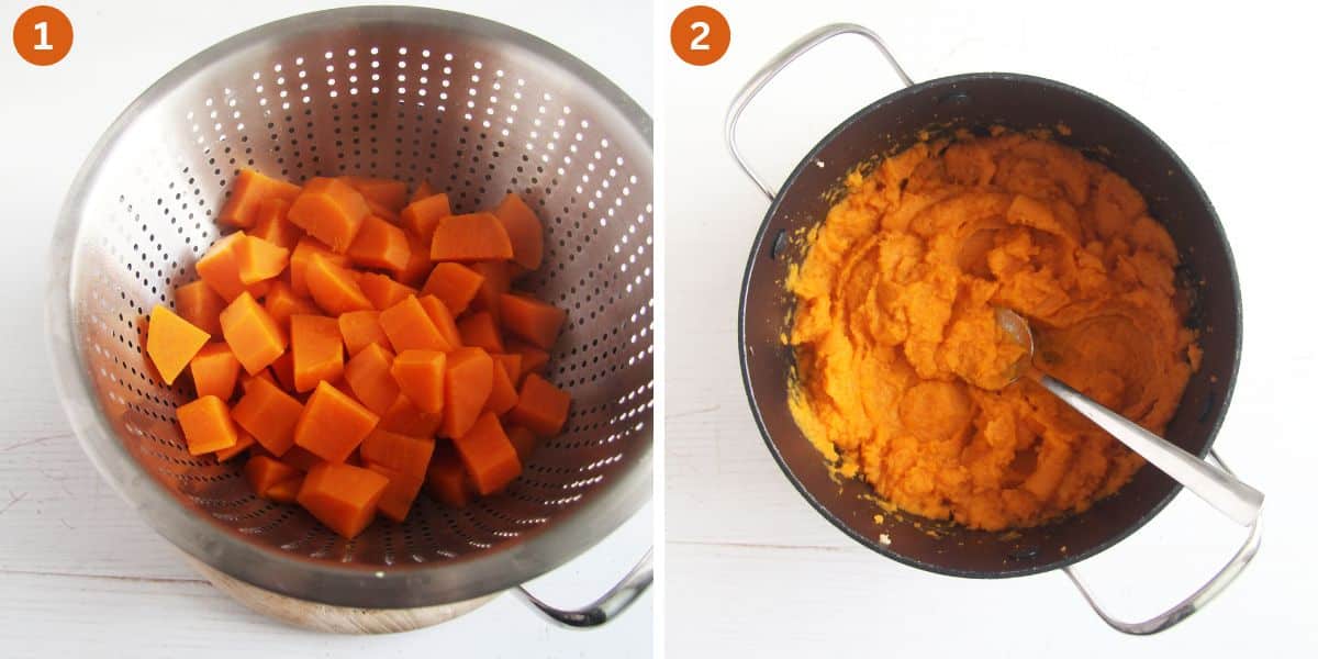 collage of two pictures of draining and mashing sweet potatoes.