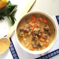 beef stew with apples in a bowl with a wooden spoon