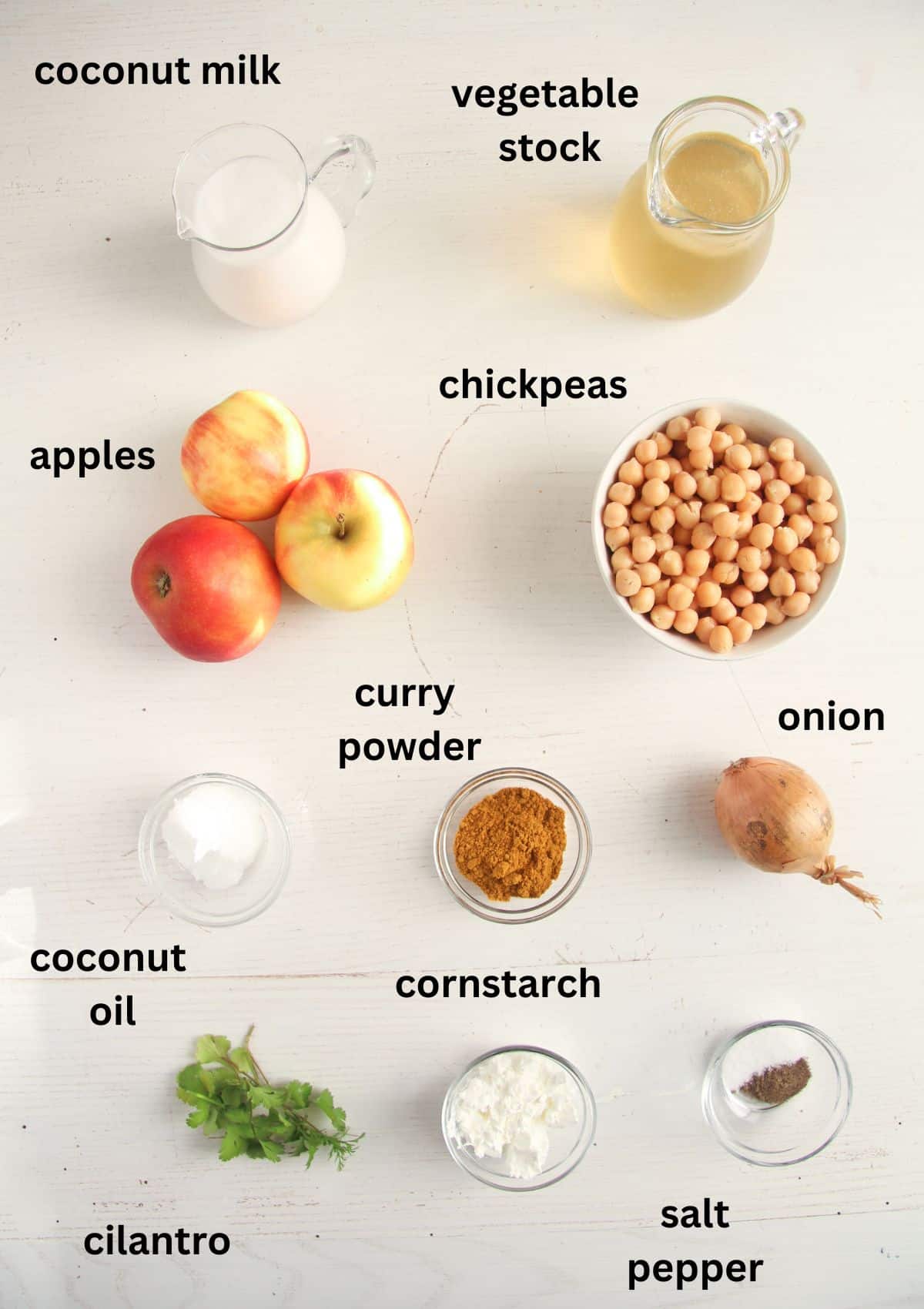 listed ingredients for making curry with apples, coconut milk and chickpeas.
