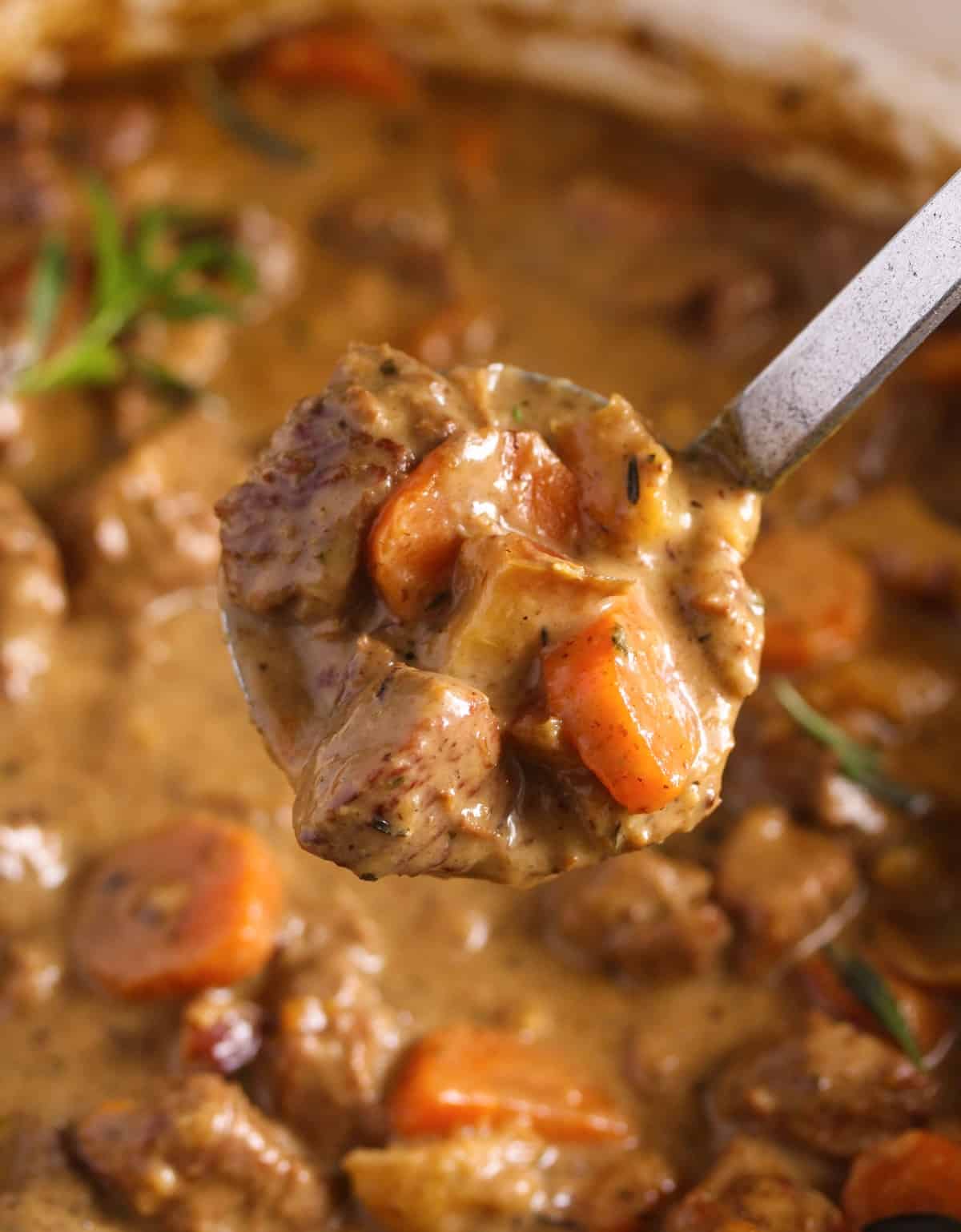 spoon lifting pieces of beef and carrots from a pot of stew.