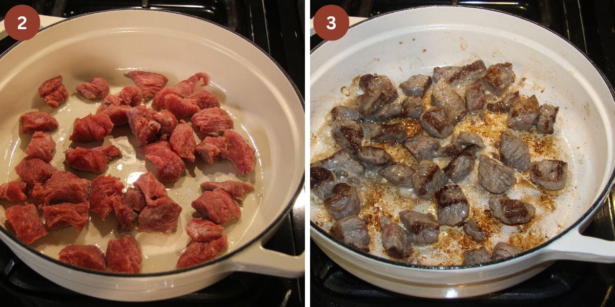 collage of two pictures of searing stewing beef in a dutch oven.