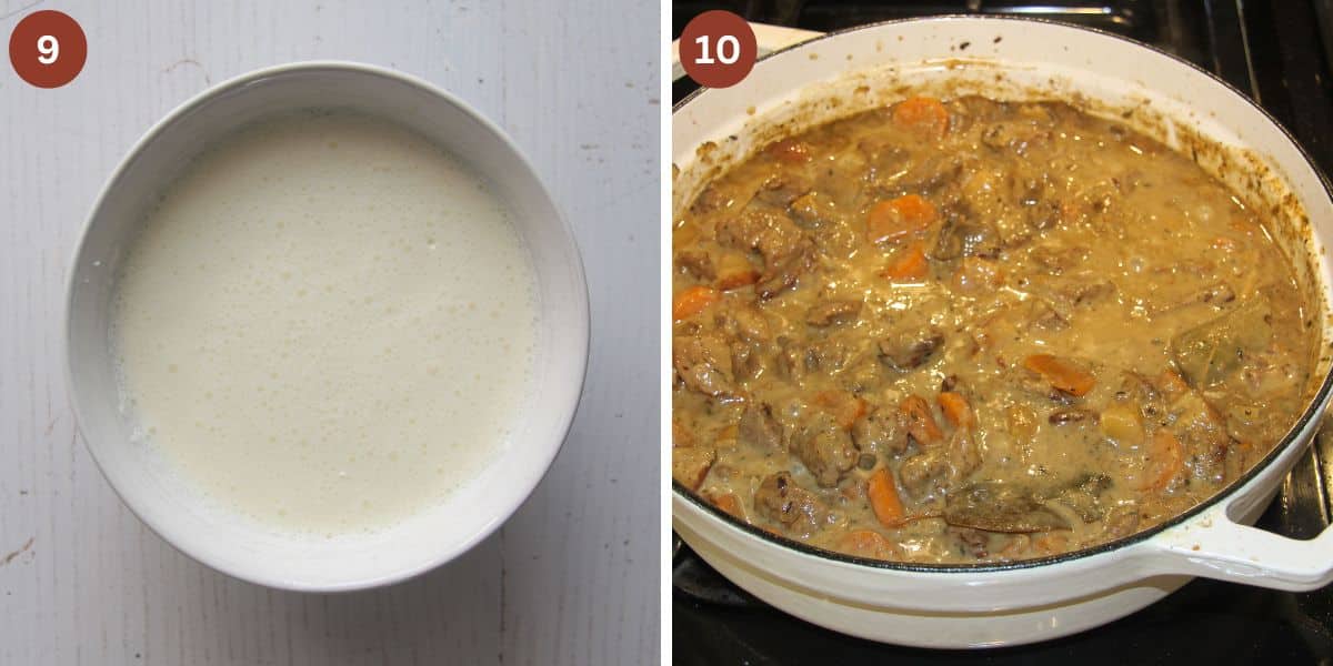 collage of two image of cream flour slurry and thickened stew.