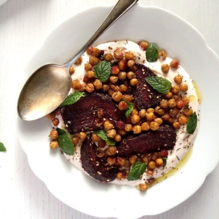 roast beetroot salad with crispy chickpeas on a plate