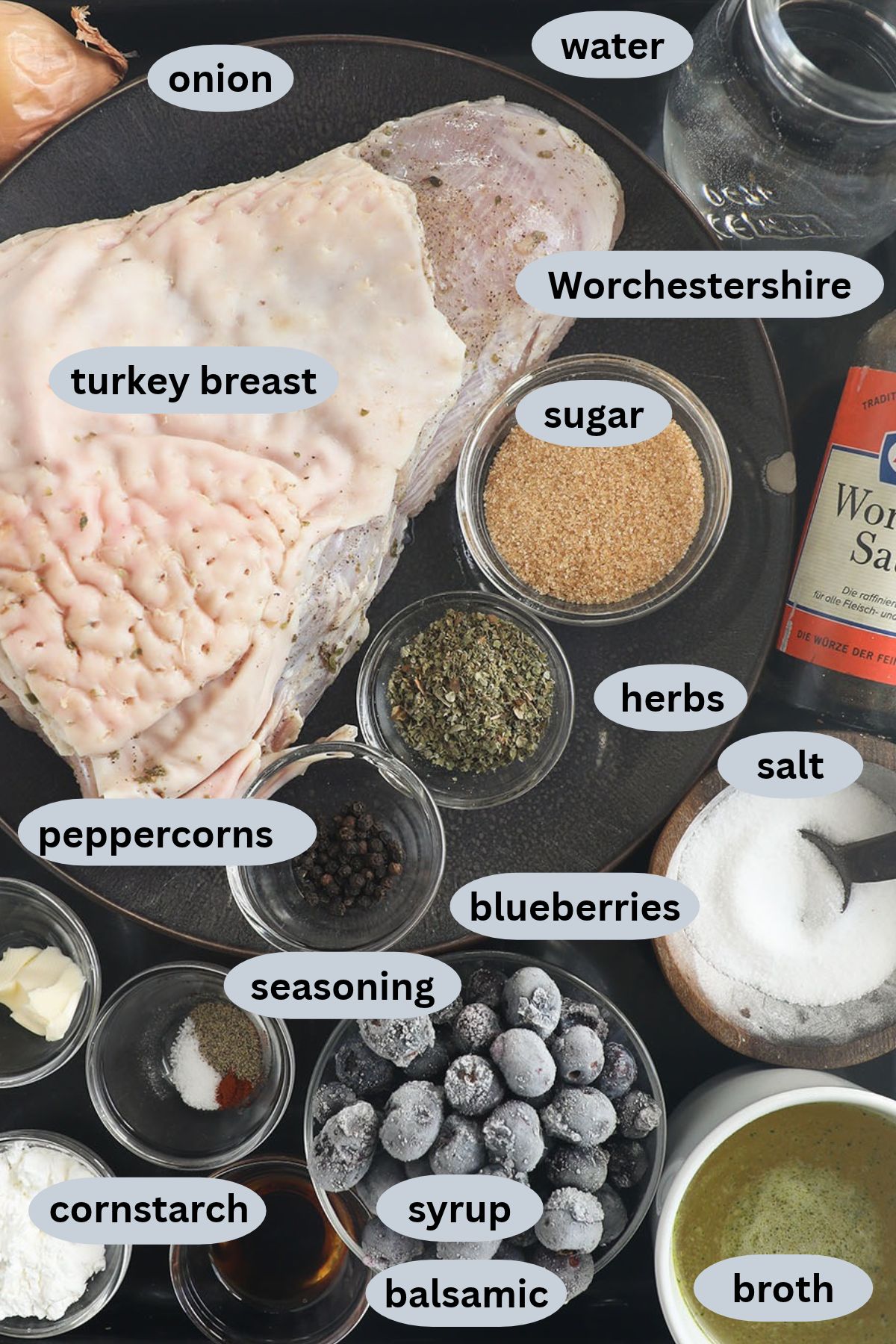 labeled ingredients for making turkey breast with blueberry sauce.