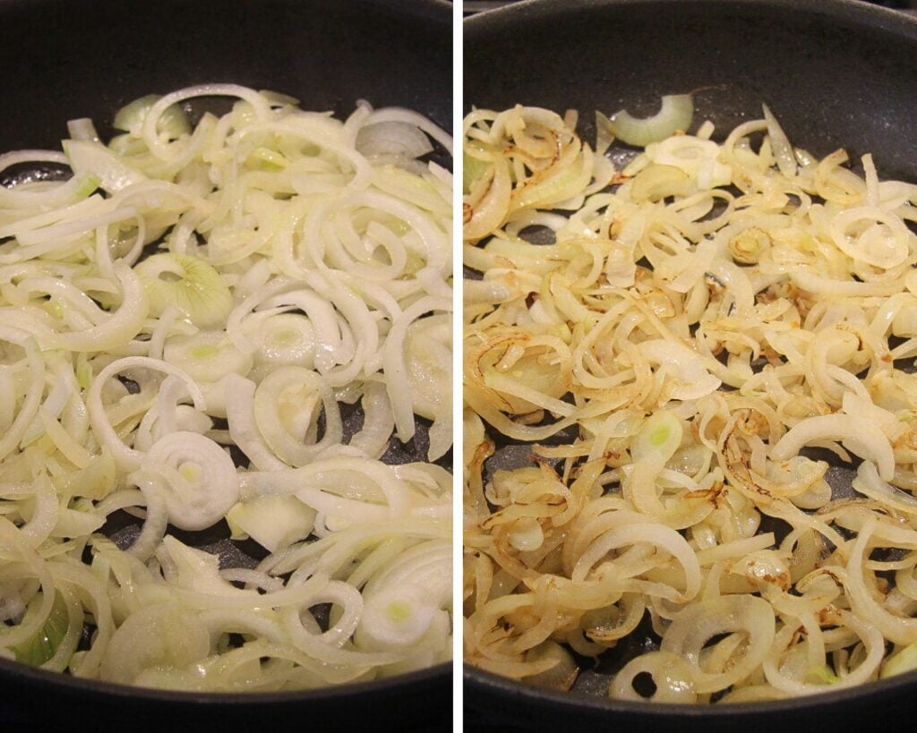 frying onions in a pan
