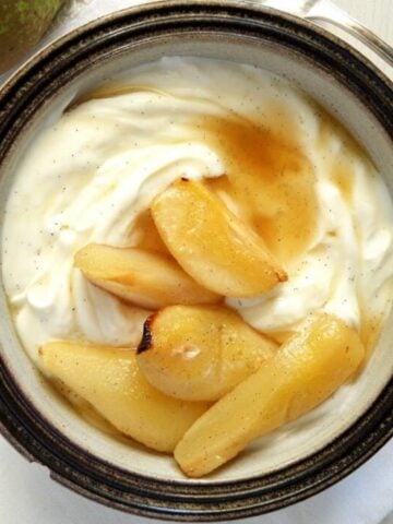 honey baked pear slices served over yogurt.