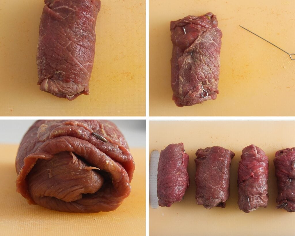 rolling raw beef pieces and securing them with pins