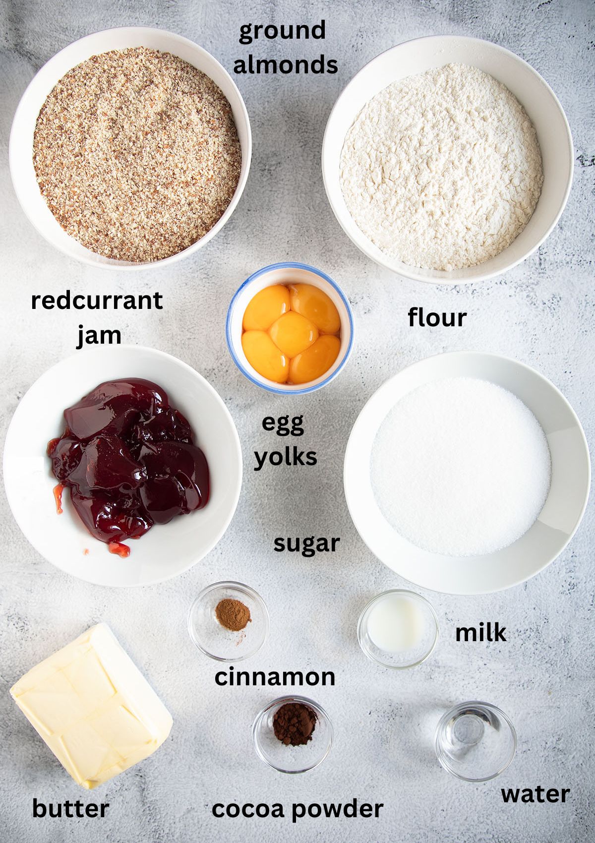 labeled ingredients for making linzer torte with ground almonds and redcurrant jam.