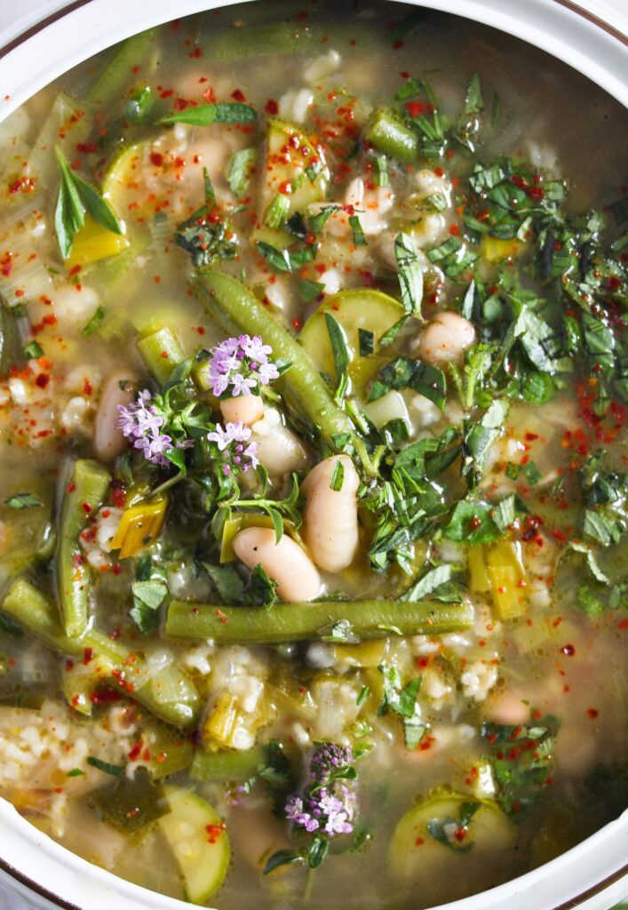 close up bean soup with rice and vegetables