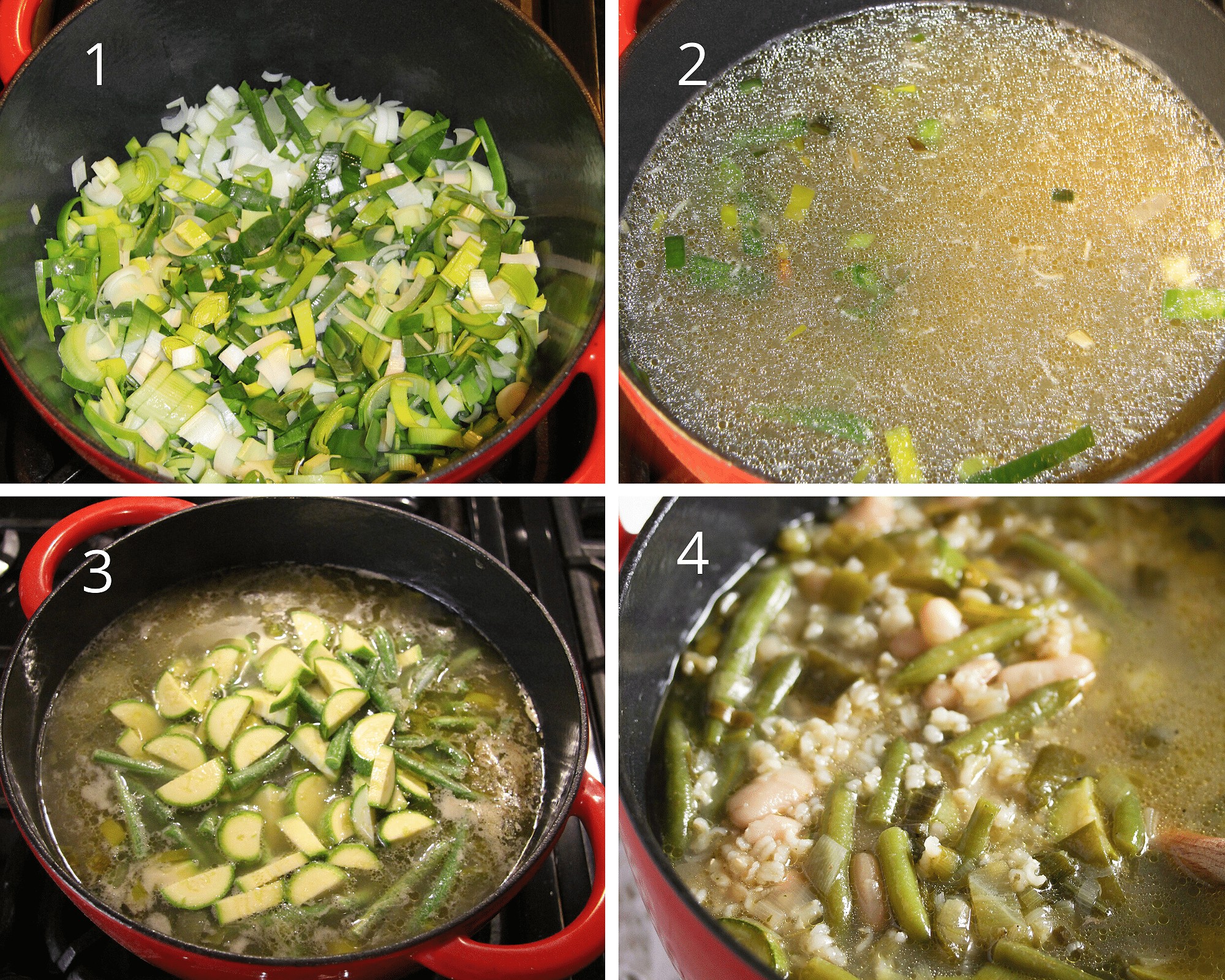 sauteing leeks in a pan, adding zucchini, stock and beans