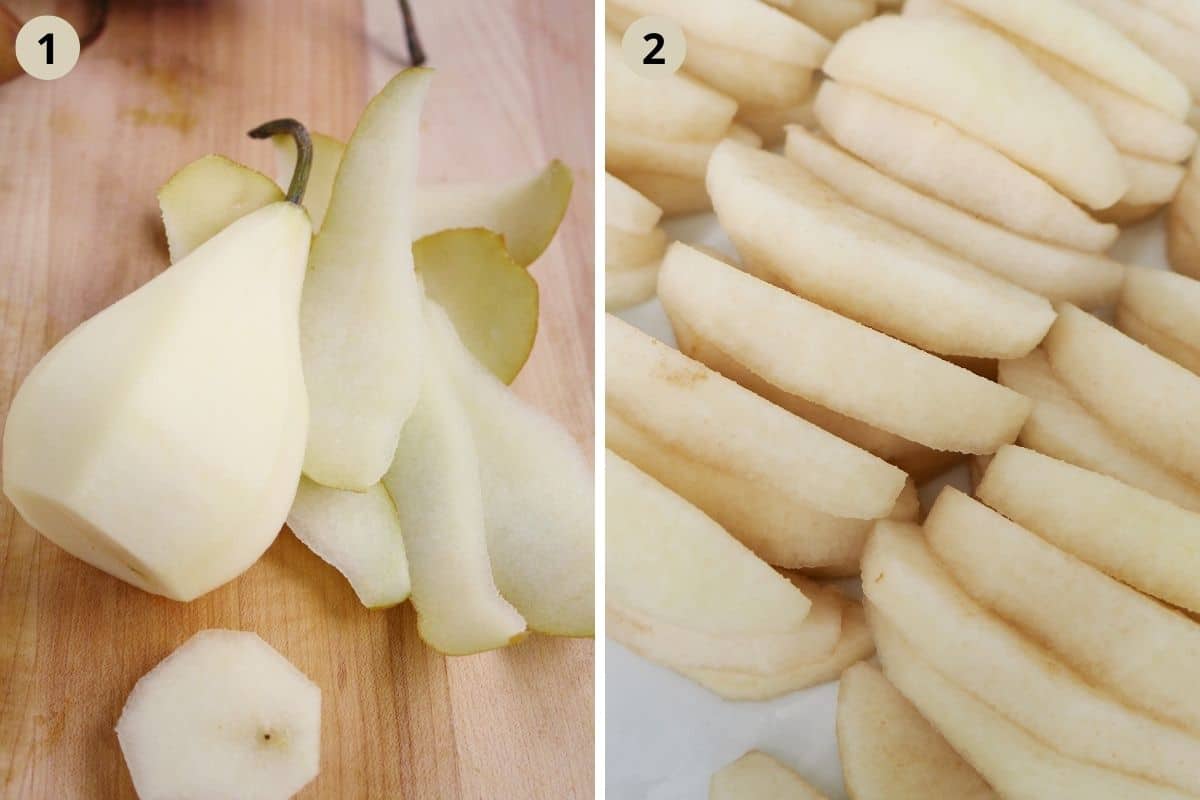 collage of two pictures of peeling and slicing pears.