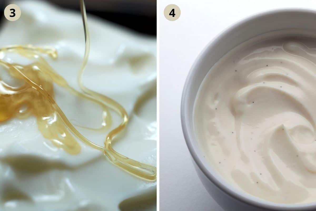 collage of two pictures of mixing yogurt with honey and vanilla seeds.