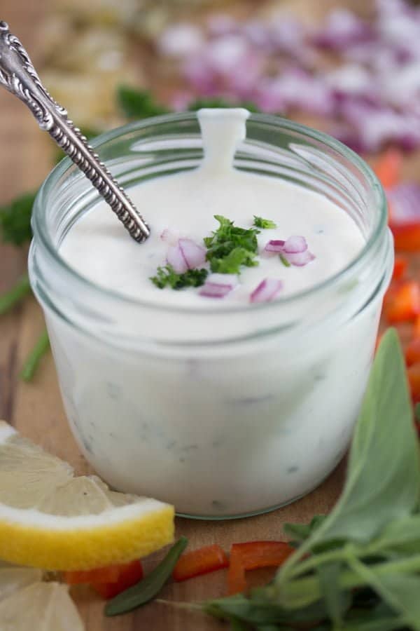 jar of low-fat dressing with onions on top