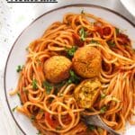 pinterest image of a plate with spaghetti and veggie balls.
