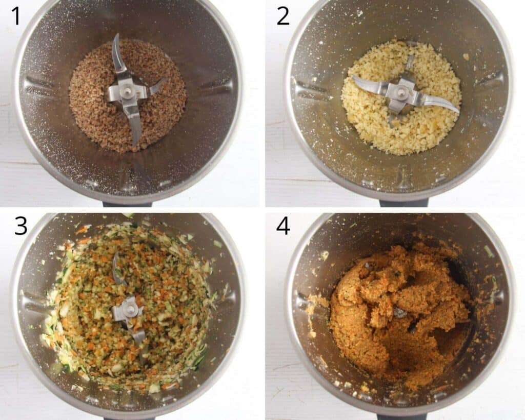 four pictures of grating and mixing breadcrumbs, cheese, vegetables and chickpeas in a thermomix.