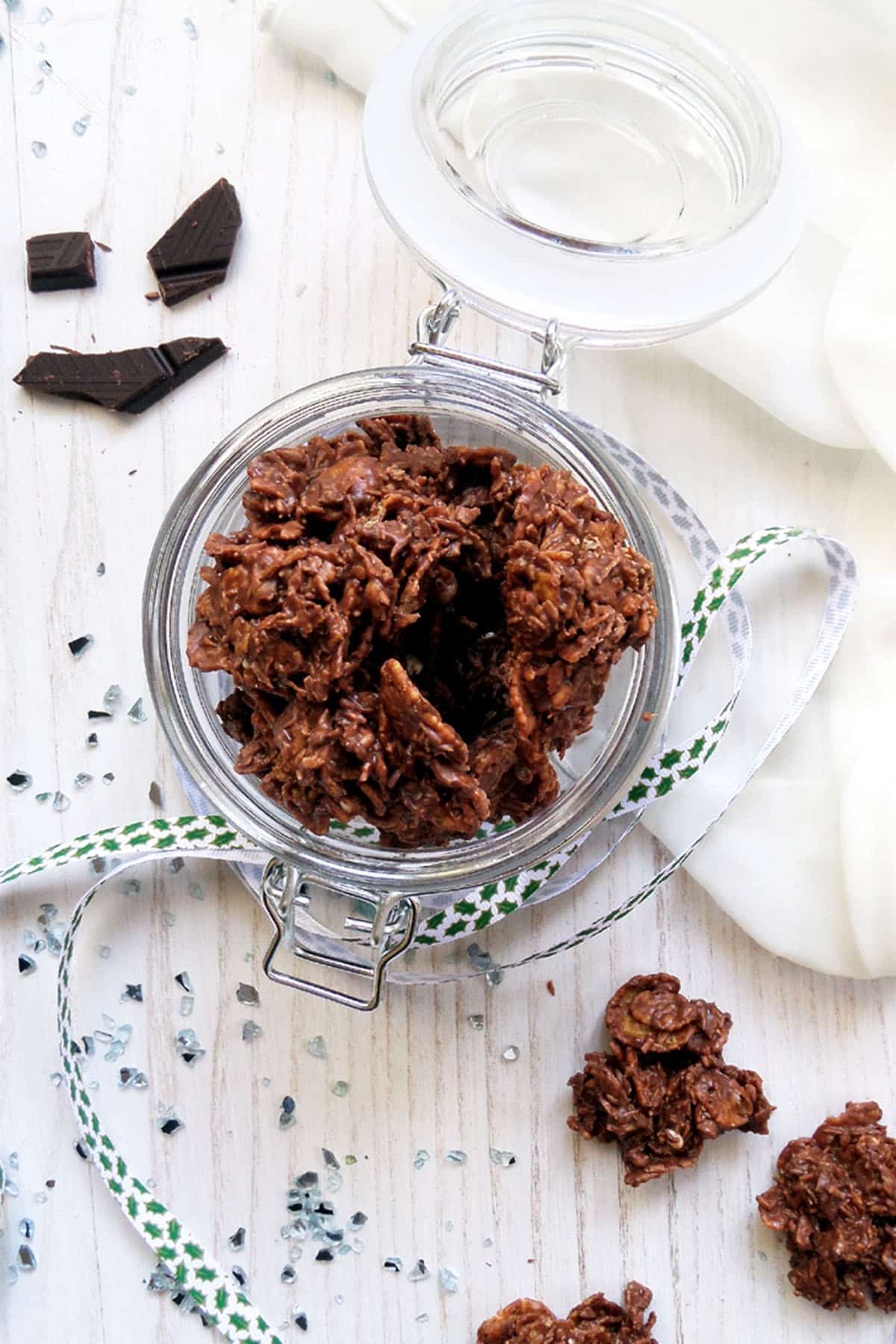 chocolate crossies in a jar and on the table.