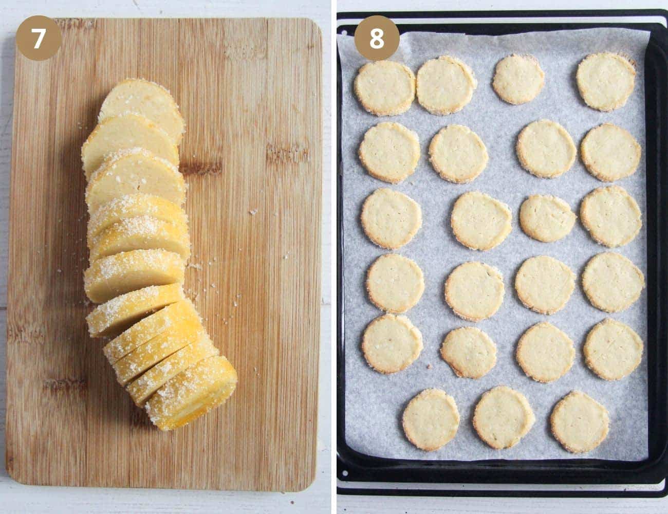 collage of two pictures of a sliced dough roll and baked cookies on a baking sheet.