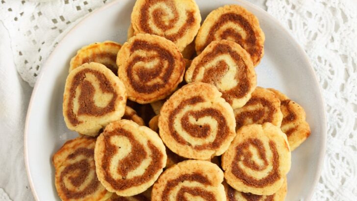 plate of swirl cookies with marzipan seen from above.