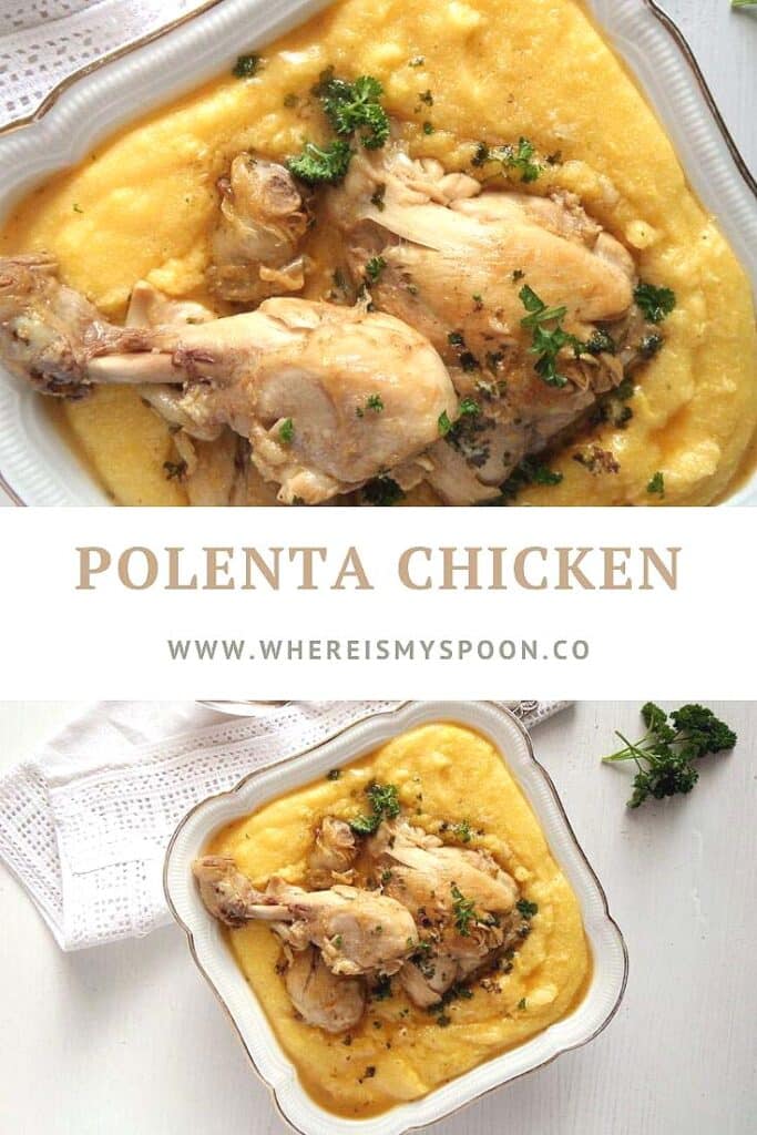 polenta chicken with garlic sauce in a bowl