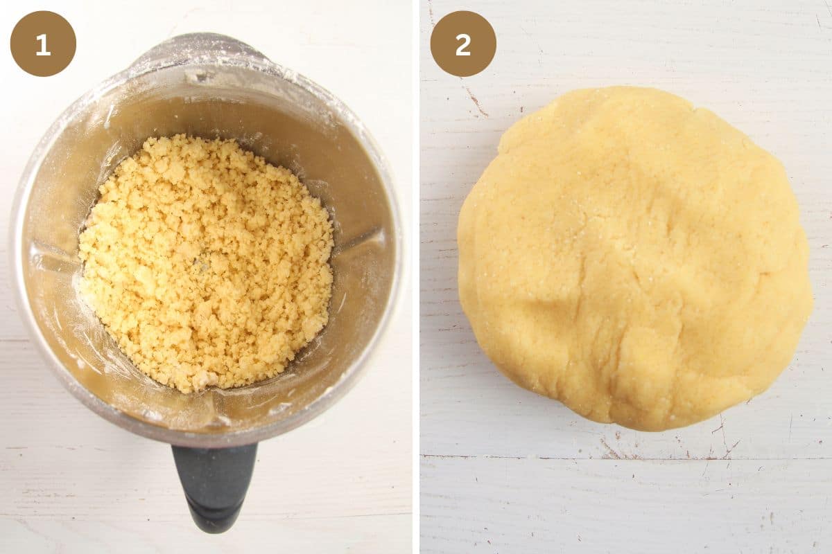 collage of two pictures of making pastry in food processor and shaping it into a ball.