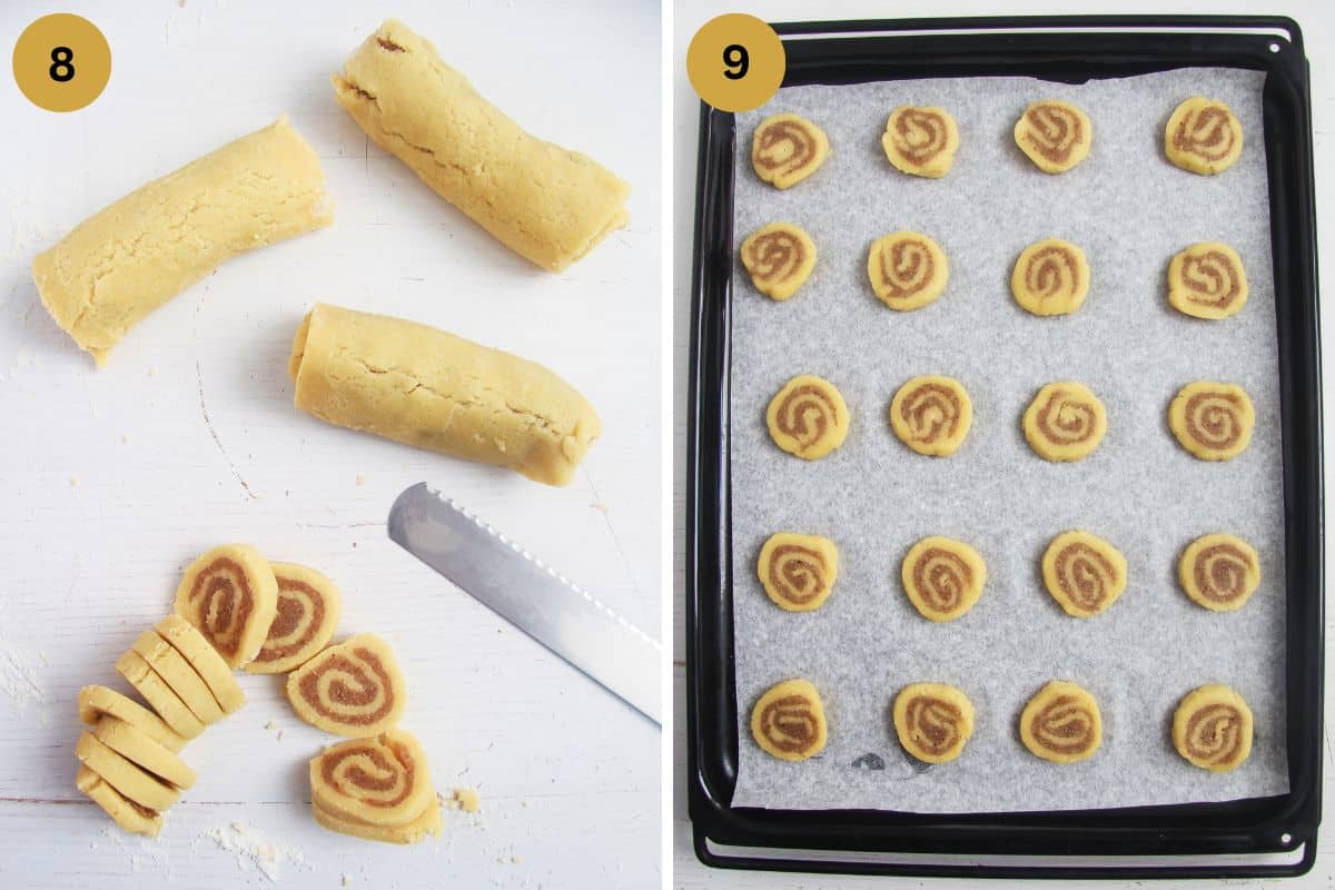collage of two pictures of cutting swirl cookies and placing them on a baking sheet.